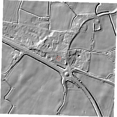 Shaded relief map of the ground around PE120DB, computed from Environment Agency LiDAR. The ground here sits at about 4 m above sea level and falls 5 m across the surrounding 800 m. Surface water reaching this point runs off ground lying to the south-south-east, 3.5 m higher.