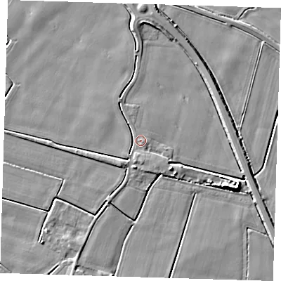 Shaded relief map of the ground around PE120DD, computed from Environment Agency LiDAR. The ground here sits at about 3 m above sea level and falls 6 m across the surrounding 800 m. Surface water reaching this point runs off ground lying to the south-south-west, 2.5 m higher.