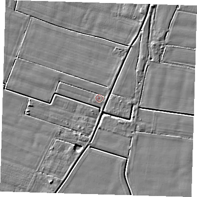 Shaded relief map of the ground around PE120DF, computed from Environment Agency LiDAR. The ground here sits at about 3 m above sea level and falls 3 m across the surrounding 800 m. Surface water reaching this point runs off ground lying to the north-east, 1.2 m higher.