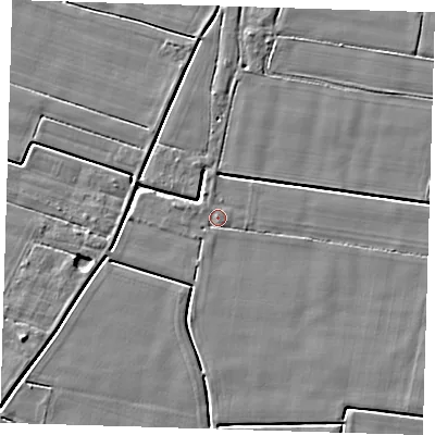 Shaded relief map of the ground around PE120DJ, computed from Environment Agency LiDAR. The ground here sits at about 3 m above sea level and falls 3 m across the surrounding 800 m. Surface water reaching this point runs off ground lying to the west-north-west, 0.9 m higher.