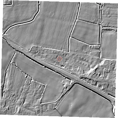 Shaded relief map of the ground around PE120DL, computed from Environment Agency LiDAR. The ground here sits at about 3 m above sea level and falls 4 m across the surrounding 800 m. Surface water reaching this point runs off ground lying to the east-south-east, 2.8 m higher.