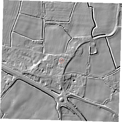 Shaded relief map of the ground around PE120DP, computed from Environment Agency LiDAR. The ground here sits at about 4 m above sea level and falls 5 m across the surrounding 800 m. Surface water reaching this point runs off ground lying to the south, 1.4 m higher.