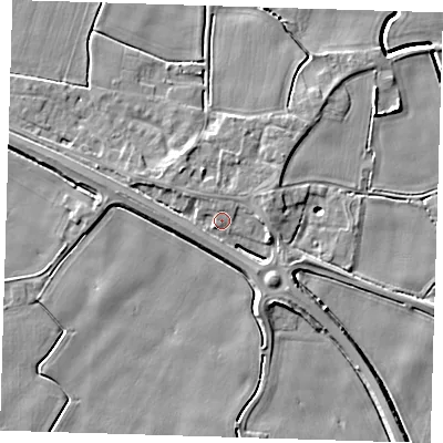 Shaded relief map of the ground around PE120DT, computed from Environment Agency LiDAR. The ground here sits at about 4 m above sea level and falls 5 m across the surrounding 800 m. Surface water reaching this point runs off ground lying to the south-east, 3.5 m higher.