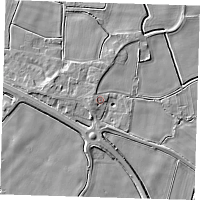 Shaded relief map of the ground around PE120DU, computed from Environment Agency LiDAR. The ground here sits at about 4 m above sea level and falls 5 m across the surrounding 800 m. Surface water reaching this point runs off ground lying to the west, 3.8 m higher.