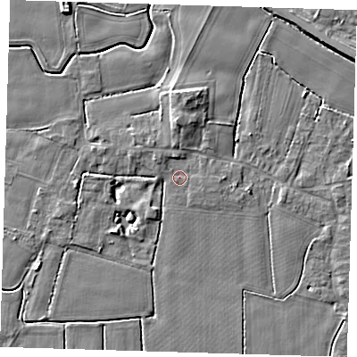 Shaded relief map of the ground around PE120EA, computed from Environment Agency LiDAR. The ground here sits at about 3 m above sea level and falls 5 m across the surrounding 800 m. Surface water reaching this point runs off ground lying to the east, 0.6 m higher.