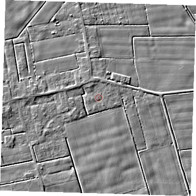 Shaded relief map of the ground around PE120ED, computed from Environment Agency LiDAR. The ground here sits at about 2 m above sea level and falls 3 m across the surrounding 800 m. Surface water reaching this point runs off ground lying to the north-east, 1.1 m higher.