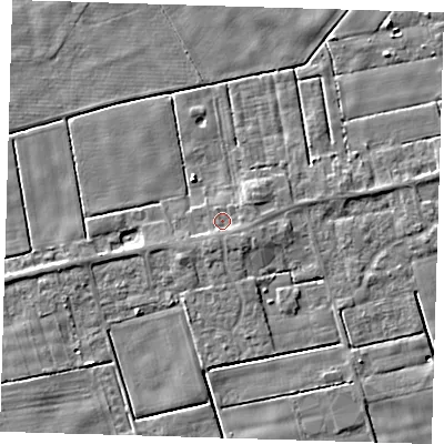 Shaded relief map of the ground around PE120EE, computed from Environment Agency LiDAR. The ground here sits at about 2 m above sea level and falls 3 m across the surrounding 800 m. Surface water reaching this point runs off ground lying to the east-north-east, 1.3 m higher.