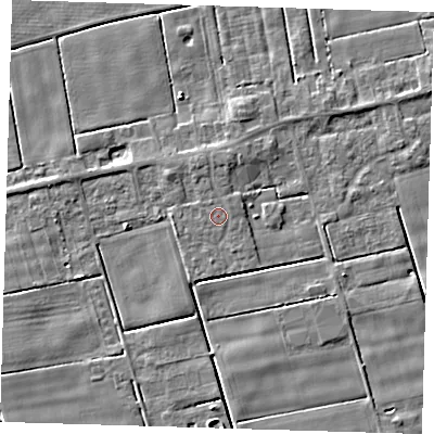 Shaded relief map of the ground around PE120EG, computed from Environment Agency LiDAR. The ground here sits at about 2 m above sea level and falls 3 m across the surrounding 800 m. Surface water reaching this point runs off ground lying to the north, 1.0 m higher.