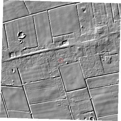 Shaded relief map of the ground around PE120EH, computed from Environment Agency LiDAR. The ground here sits at about 1 m above sea level and falls 4 m across the surrounding 800 m. Surface water reaching this point runs off ground lying to the west, 2.5 m higher.