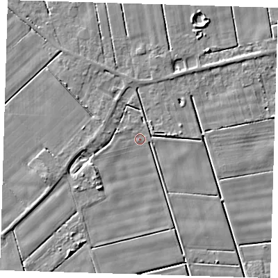 Shaded relief map of the ground around PE120EJ, computed from Environment Agency LiDAR. The ground here sits at about 2 m above sea level and falls 5 m across the surrounding 800 m. Surface water reaching this point runs off ground lying to the south-west, 4.4 m higher.