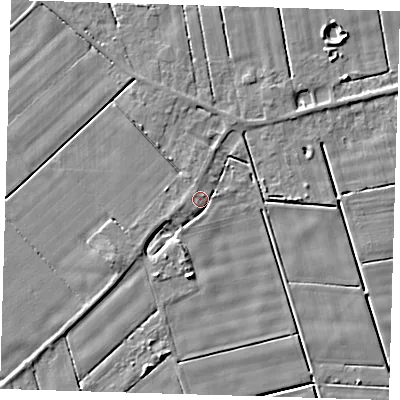 Shaded relief map of the ground around PE120EL, computed from Environment Agency LiDAR. The ground here sits at about 2 m above sea level and falls 5 m across the surrounding 800 m. Surface water reaching this point runs off ground lying to the west-south-west, 1.9 m higher.