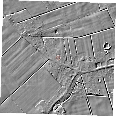 Shaded relief map of the ground around PE120EN, computed from Environment Agency LiDAR. The ground here sits at about 2 m above sea level and falls 4 m across the surrounding 800 m. Surface water reaching this point runs off ground lying to the south-south-east, 0.8 m higher.