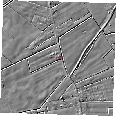 Shaded relief map of the ground around PE120EP, computed from Environment Agency LiDAR. The ground here sits at about 3 m above sea level and falls 3 m across the surrounding 800 m. Surface water reaching this point runs off ground lying to the north-north-west, 1.7 m higher.