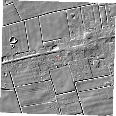 Shaded relief map of the ground around PE120EQ, computed from Environment Agency LiDAR. The ground here sits at about 2 m above sea level and falls 4 m across the surrounding 800 m. Surface water reaching this point runs off ground lying to the west, 1.6 m higher.