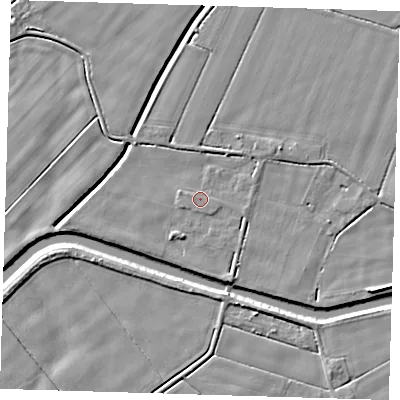 Shaded relief map of the ground around PE120ER, computed from Environment Agency LiDAR. The ground here sits at about 2 m above sea level and falls 4 m across the surrounding 800 m. Surface water reaching this point runs off ground lying to the north-east, 1.2 m higher.