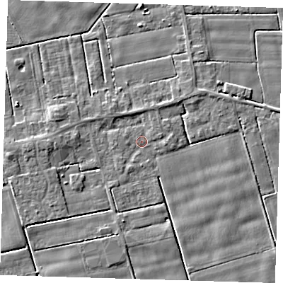 Shaded relief map of the ground around PE120ES, computed from Environment Agency LiDAR. The ground here sits at about 2 m above sea level and falls 3 m across the surrounding 800 m. Surface water reaching this point runs off ground lying to the east, 1.3 m higher.