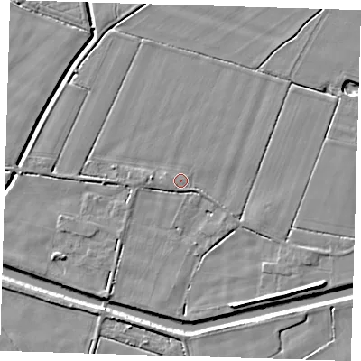 Shaded relief map of the ground around PE120ET, computed from Environment Agency LiDAR. The ground here sits at about 3 m above sea level and falls 5 m across the surrounding 800 m. Surface water reaching this point runs off ground lying to the south-west, 1.1 m higher.