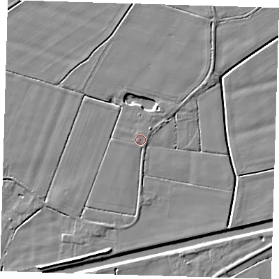 Shaded relief map of the ground around PE120EU, computed from Environment Agency LiDAR. The ground here sits at about 3 m above sea level and falls 5 m across the surrounding 800 m. The ground contributing surface water to this point lies to the north-north-west.