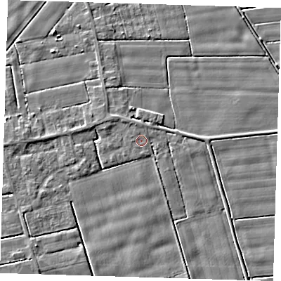 Shaded relief map of the ground around PE120EW, computed from Environment Agency LiDAR. The ground here sits at about 2 m above sea level and falls 3 m across the surrounding 800 m. Surface water reaching this point runs off ground lying to the north-north-west, 0.7 m higher.