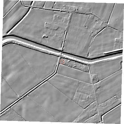 Shaded relief map of the ground around PE120EX, computed from Environment Agency LiDAR. The ground here sits at about 2 m above sea level and falls 5 m across the surrounding 800 m. Surface water reaching this point runs off ground lying to the north-east, 2.9 m higher.