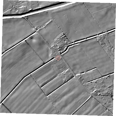 Shaded relief map of the ground around PE120EZ, computed from Environment Agency LiDAR. The ground here sits at about 2 m above sea level and falls 5 m across the surrounding 800 m. Surface water reaching this point runs off ground lying to the north, 1.3 m higher.