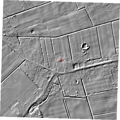 Shaded relief map of the ground around PE120FD, computed from Environment Agency LiDAR. The ground here sits at about 2 m above sea level and falls 4 m across the surrounding 800 m. Surface water reaching this point runs off ground lying to the east-south-east, 0.9 m higher.