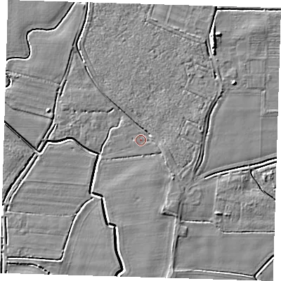Shaded relief map of the ground around PE120FG, computed from Environment Agency LiDAR. The ground here sits at about 3 m above sea level and falls 6 m across the surrounding 800 m. Surface water reaching this point runs off ground lying to the east-south-east, 1.5 m higher.