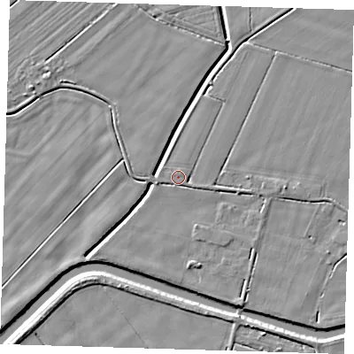 Shaded relief map of the ground around PE120FH, computed from Environment Agency LiDAR. The ground here sits at about 3 m above sea level and falls 4 m across the surrounding 800 m. Surface water reaching this point runs off ground lying to the east-north-east, 1.3 m higher.