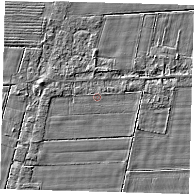 Shaded relief map of the ground around PE120FL, computed from Environment Agency LiDAR. The ground here sits at about 3 m above sea level and falls 3 m across the surrounding 800 m. Surface water reaching this point runs off ground lying to the north-north-east, 1.5 m higher.