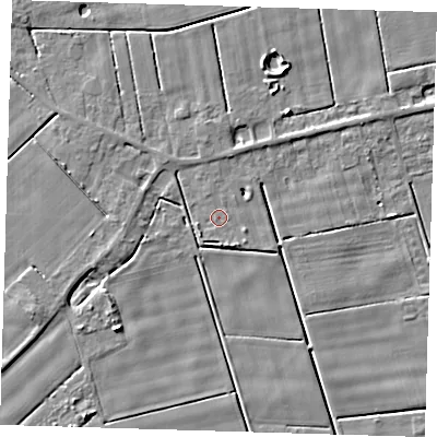 Shaded relief map of the ground around PE120FW, computed from Environment Agency LiDAR. The ground here sits at about 2 m above sea level and falls 5 m across the surrounding 800 m. Surface water reaching this point runs off ground lying to the south-east, 2.3 m higher.