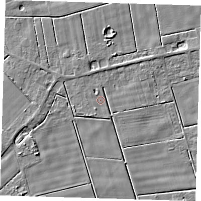 Shaded relief map of the ground around PE120FX, computed from Environment Agency LiDAR. The ground here sits at about 2 m above sea level and falls 5 m across the surrounding 800 m. Surface water reaching this point runs off ground lying to the south-south-west, 0.8 m higher.