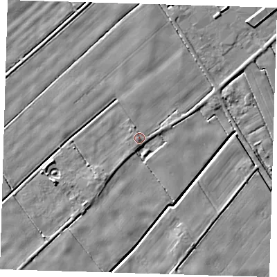 Shaded relief map of the ground around PE120HD, computed from Environment Agency LiDAR. The ground here sits at about 3 m above sea level and falls 5 m across the surrounding 800 m. Surface water reaching this point runs off ground lying to the south-west, 2.5 m higher.