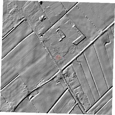 Shaded relief map of the ground around PE120HE, computed from Environment Agency LiDAR. The ground here sits at about 2 m above sea level and falls 7 m across the surrounding 800 m. Surface water reaching this point runs off ground lying to the south-west, 2.1 m higher.