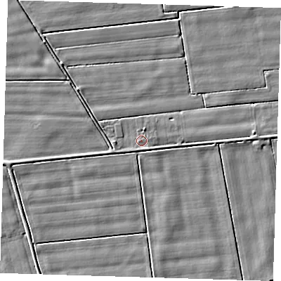 Shaded relief map of the ground around PE120HP, computed from Environment Agency LiDAR. The ground here sits at about 2 m above sea level and falls 2 m across the surrounding 800 m. Surface water reaching this point runs off ground lying to the south-east, 0.8 m higher.