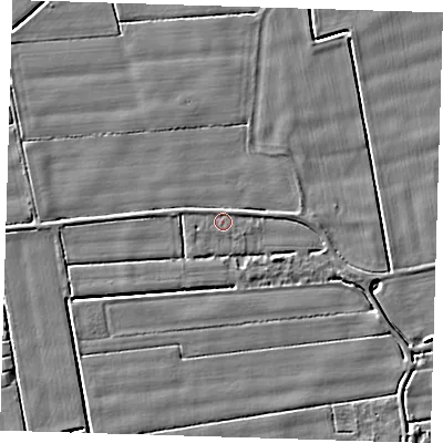 Shaded relief map of the ground around PE120HR, computed from Environment Agency LiDAR. The ground here sits at about 2 m above sea level and falls 4 m across the surrounding 800 m. Surface water reaching this point runs off ground lying to the east-north-east, 1.6 m higher.