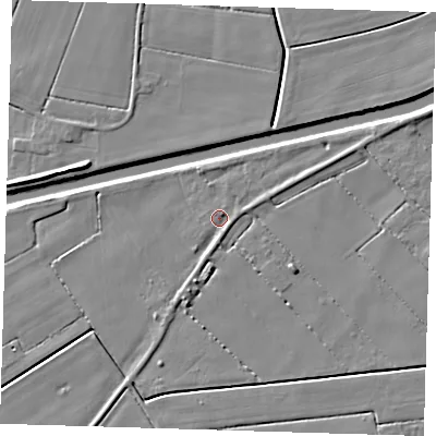 Shaded relief map of the ground around PE120HS, computed from Environment Agency LiDAR. The ground here sits at about 2 m above sea level and falls 5 m across the surrounding 800 m. Surface water reaching this point runs off ground lying to the south-south-east, 1.4 m higher.