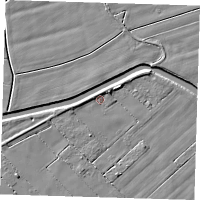 Shaded relief map of the ground around PE120HU, computed from Environment Agency LiDAR. The ground here sits at about 2 m above sea level and falls 6 m across the surrounding 800 m. Surface water reaching this point runs off ground lying to the north-west, 2.1 m higher.