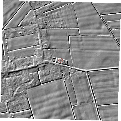Shaded relief map of the ground around PE120HW, computed from Environment Agency LiDAR. The ground here sits at about 3 m above sea level and falls 3 m across the surrounding 800 m. Surface water reaching this point runs off ground lying to the west-north-west, 2.0 m higher.