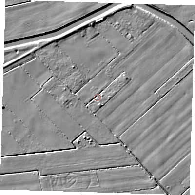 Shaded relief map of the ground around PE120HX, computed from Environment Agency LiDAR. The ground here sits at about 2 m above sea level and falls 6 m across the surrounding 800 m. Surface water reaching this point runs off ground lying to the north-east, 1.9 m higher.