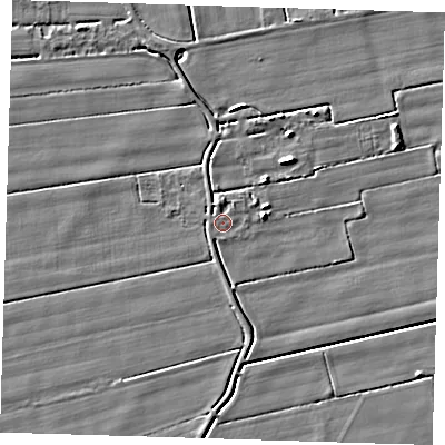 Shaded relief map of the ground around PE120HZ, computed from Environment Agency LiDAR. The ground here sits at about 2 m above sea level and falls 5 m across the surrounding 800 m. Surface water reaching this point runs off ground lying to the south-west, 0.8 m higher.
