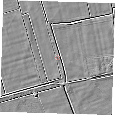 Shaded relief map of the ground around PE120JE, computed from Environment Agency LiDAR. The ground here sits at about 2 m above sea level and falls 3 m across the surrounding 800 m. Surface water reaching this point runs off ground lying to the east-south-east, 3.3 m higher.