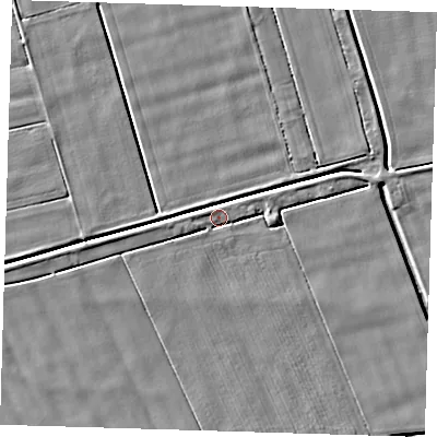 Shaded relief map of the ground around PE120JF, computed from Environment Agency LiDAR. The ground here sits at about 2 m above sea level and falls 3 m across the surrounding 800 m. Surface water reaching this point runs off ground lying to the west-south-west, 2.0 m higher.