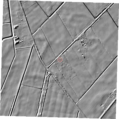 Shaded relief map of the ground around PE120JN, computed from Environment Agency LiDAR. The ground here sits at about 2 m above sea level and falls 5 m across the surrounding 800 m. Surface water reaching this point runs off ground lying to the west, 1.7 m higher.