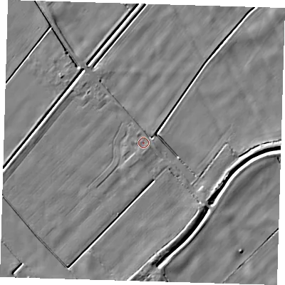 Shaded relief map of the ground around PE120JR, computed from Environment Agency LiDAR. The ground here sits at about 2 m above sea level and falls 4 m across the surrounding 800 m. Surface water reaching this point runs off ground lying to the south, 0.8 m higher.