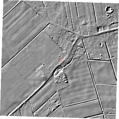 Shaded relief map of the ground around PE120JS, computed from Environment Agency LiDAR. The ground here sits at about 2 m above sea level and falls 5 m across the surrounding 800 m. Surface water reaching this point runs off ground lying to the south-east, 0.7 m higher.