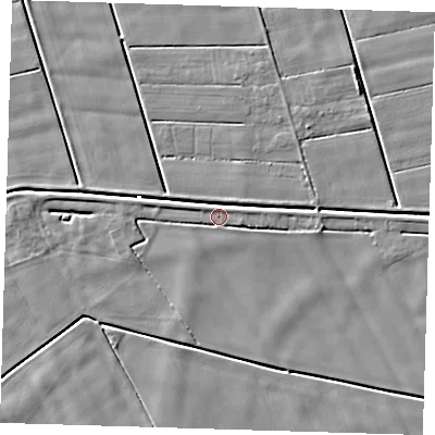Shaded relief map of the ground around PE120JT, computed from Environment Agency LiDAR. The ground here sits at about 2 m above sea level and falls 4 m across the surrounding 800 m. Surface water reaching this point runs off ground lying to the east-south-east, 2.1 m higher.