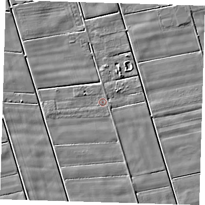 Shaded relief map of the ground around PE120JU, computed from Environment Agency LiDAR. The ground here sits at about 2 m above sea level and falls 3 m across the surrounding 800 m. Surface water reaching this point runs off ground lying to the east-south-east, 0.8 m higher.