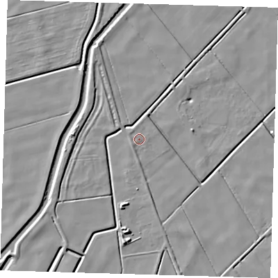 Shaded relief map of the ground around PE120JW, computed from Environment Agency LiDAR. The ground here sits at about 2 m above sea level and falls 5 m across the surrounding 800 m. Surface water reaching this point runs off ground lying to the west-south-west, 0.8 m higher.