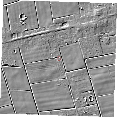 Shaded relief map of the ground around PE120JX, computed from Environment Agency LiDAR. The ground here sits at about 1 m above sea level and falls 4 m across the surrounding 800 m. Surface water reaching this point runs off ground lying to the north-east, 3.2 m higher.