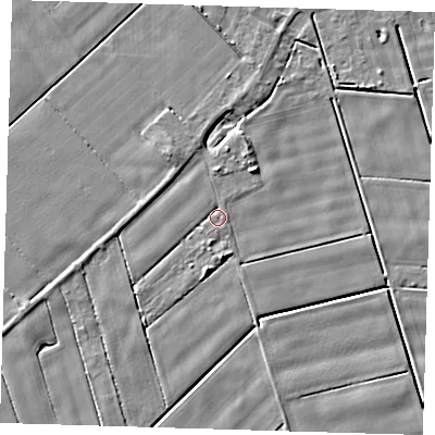 Shaded relief map of the ground around PE120JY, computed from Environment Agency LiDAR. The ground here sits at about 2 m above sea level and falls 5 m across the surrounding 800 m. Surface water reaching this point runs off ground lying to the north-north-east, 1.2 m higher.